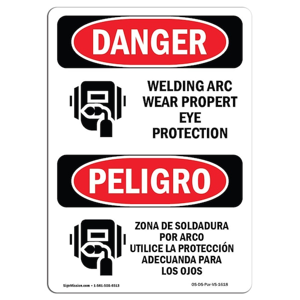 OSHA Sign, Welding Arc Eye Protection Bilingual, 18in X 12in, 12" W, 18" H, Spanish, D-1218-VS-1618